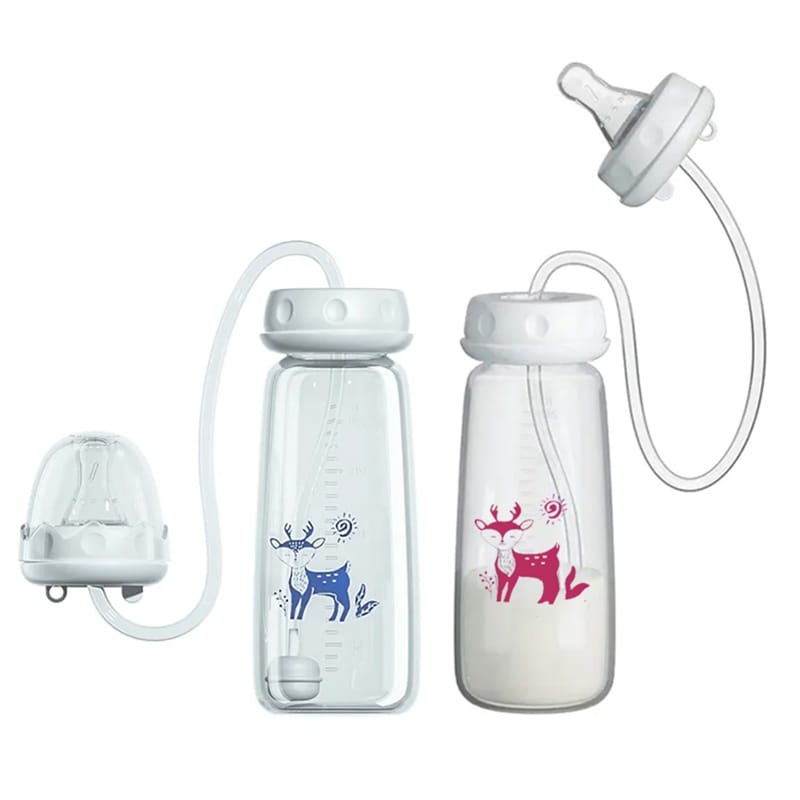 Hands-free baby bottle in use